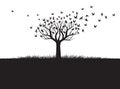 Shape of Tree, wind and black birds. Vector outline Illustration. Plant in Garden