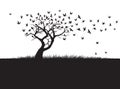 Shape of Tree, wind and black birds. Vector outline Illustration. Plant in Garden