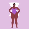 The shape type is hourglass. Cartoon chubby girl wearing a purple strapless swimsuit. Vector stock illustration of an