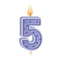 5 shaped birthday candle for 5th year anniversary. Wax number five with light for bday holiday cake for fifth age party