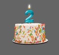 2 shaped candle light on happy birthday cake isolated on white background Royalty Free Stock Photo