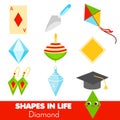 Shapes in life. Diamond. rhombus learning cards for kids. Educational infographic for children and toddlers. Study geometric
