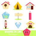 Shapes in life. Pentagon. Learning cards for kids. Educational infographic for children and toddlers. Study geometric shapes