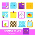 Shapes in life. Square. Learning cards for kids. Educational infographic for children and toddlers. Study geometric shapes