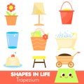 Shapes in life. Trapezium. Learning cards for kids. Educational infographic for children and toddlers. Study geometric shapes