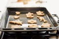 Shapes of raw cookie or pastry dough on a baking tray ready for the oven in a kitchen. Fresh homemade dessert to be Royalty Free Stock Photo