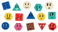 Shapes with retro faces. Abstract geometric figures with cartoon facial emotion expressions. Angry or cheerful smiley. Happy and