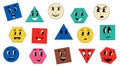 Shapes with retro faces. Abstract geometric figures with cartoon facial emotion expressions. Angry or cheerful smiley