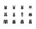 Shapewear flat glyph icons set. Corrective underwear, shaping bodysuit, thigh slimmer, leggings, waist control panties Royalty Free Stock Photo