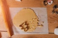 Shaping dough cookies on a wooden table. Cooking desserts at home. Shortbread cookies in a little man's fome