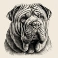 Shar Pei, engraving style, close-up portrait, black and white drawing, cute dog, Royalty Free Stock Photo