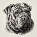 Shar Pei, engraving style, close-up portrait, black and white drawing, cute dog, Royalty Free Stock Photo