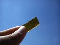 A shard of dark brown bottle glass in a woman`s hand. Transparent colored glass as a filter when looking at the sky. Glare of Royalty Free Stock Photo