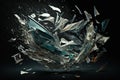 Shards of shiny glass and ice in flight, isolate, black background. AI generated Royalty Free Stock Photo