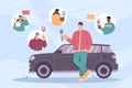 Share car, man holding auto key of vehicle, community of people using carsharing app