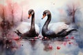 delicate watercolor portrayal of two swans in a loving embrace, perfect for a Valentine's Day message. Ai generated