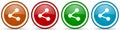 Share glossy icons, set of modern design buttons for web, internet and mobile applications in four colors options isolated on