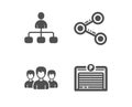 Share, Group and Management icons. Parking garage sign. Follow network, Group of people, Agent. Automatic door. Vector