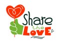 Share the Love Creative Banner or Poster with Typography and Doodle Elements, Green Human Hand Holding Red Lollipop