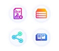 Share, Servers and Report icons set. Education sign. Follow network, Big data, Presentation document. Vector