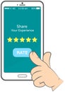 Share your experience rate button in smartphone, human hand pointing to mobile phone screen