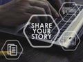 Share your story concept. Man typing on the keyboard. Royalty Free Stock Photo