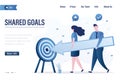 Shared goals, landing page template. Business people holds big arrow and aim at target. Effective team develop successful project