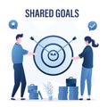 Shared goals, teamwork. Businesspeople holds big target, arrows hit point. Effective team develop successful business project.