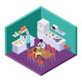 Shared kitchen in an international hostel isometric vector location