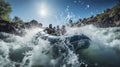 The Shared Thrill of Conquering White Water Rapids. The Dynamic Rush of White Water Rafting. Generative AI