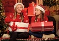 Sharing ability. Bring up generosity. Christmas gifts concept. Sisterhood. Girls friends celebrate christmas. Boxing day
