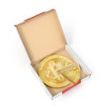 Sharing concept. Bitcoin as a pizza on the cardboard package.