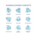 Sharing economy turquoise concept icons set