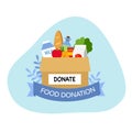 Sharing food to people. Foos donation. Boxes full of food in flat design vector illustration on white background. Time for charity