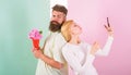 Sharing happy selfie. Woman capturing happy moment boyfriend bring bouquet flowers. Couple in love bouquet dating Royalty Free Stock Photo