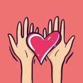 Sharing Hope. Charity and donation. Give and share your love to people. Hands holding a heart symbol. Isolated on pink background