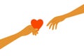 Sharing love vector illustration with human hand holds out red heart shape to another person