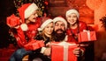 Sharing memories. Happy family celebrate new year and Christmas. open xmas present. gifts from santa. santa father at Royalty Free Stock Photo