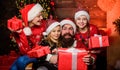 Sharing memories. Happy family celebrate new year and Christmas. open xmas present. gifts from santa. santa father at Royalty Free Stock Photo