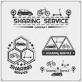 Sharing street transport service emblems and logos. Car and bike sharing, rental electric scooter.