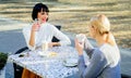 Sharing thoughts. Female friendship. Trustful communication. Girls friends drink coffee and talk. True friendship Royalty Free Stock Photo