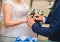 Sharing wedding rings. Groom puts ring on the bride`s finger