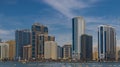 Sharjah city view, high rise buildings with lagoon