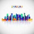 Sharjah skyline silhouette in colorful geometric style.