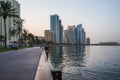 Sharjah. Summer 2016. Evening cityscape with the Persian Gulf and city architecture.