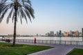 Sharjah. Summer 2016. Evening cityscape with the Persian Gulf and city architecture.