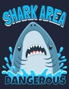 Shark area poster. Attack sharks, ocean diving and sea surf warning cartoon vector illustration