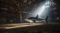 Shark In A Barn: Photorealistic Artwork With Soft Shadows And Clean Focus