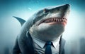 Shark of business, a businessman in the form of a shark in a business suit in the office behind a desk