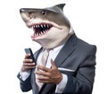 Shark businessman with sharp teeth talks holding a mobile phone, isolated on white. Generative AI
